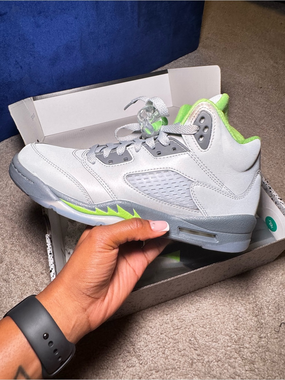 Air Jordan Retro 5 Kids' Silver/Grey and Neon Green